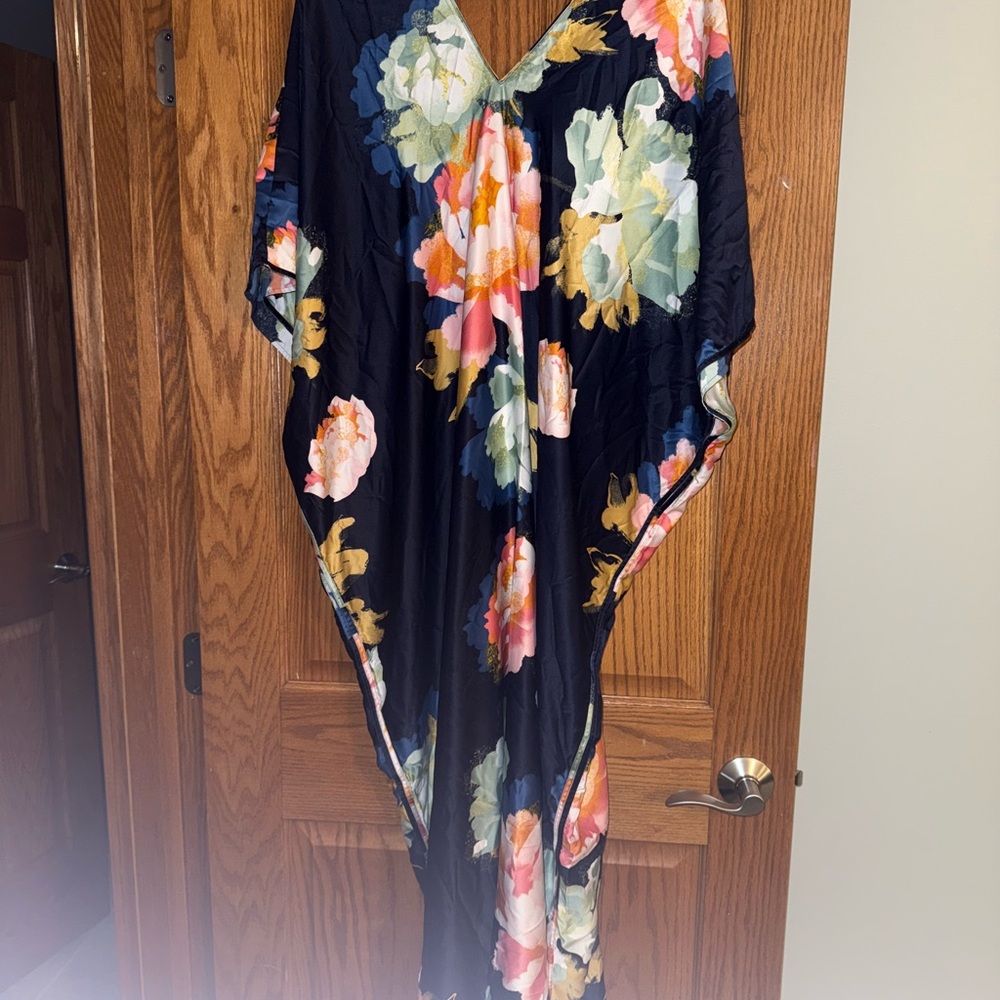 Natori Abstract V-Neck Dress in Blue and Gold